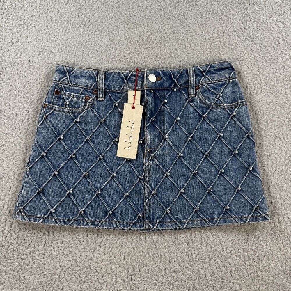 Alice + Olivia Joss Faux-Pearl Quilted Denim Miniskirt - Size 27